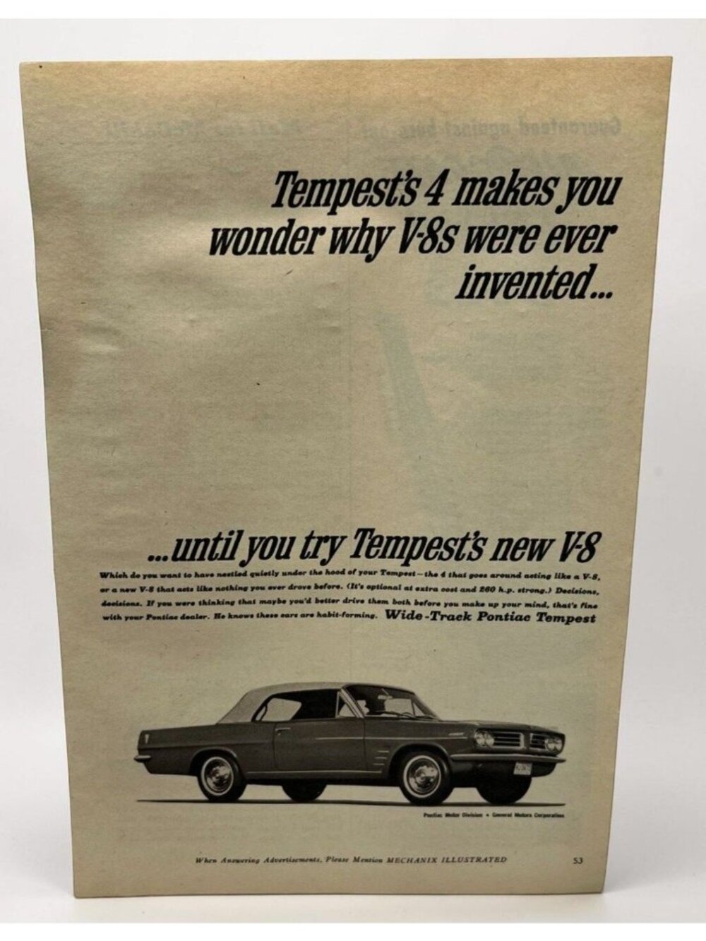Pontiac Tempest Vintage Print Ad 1960s V-8 Classic Auto Car GM